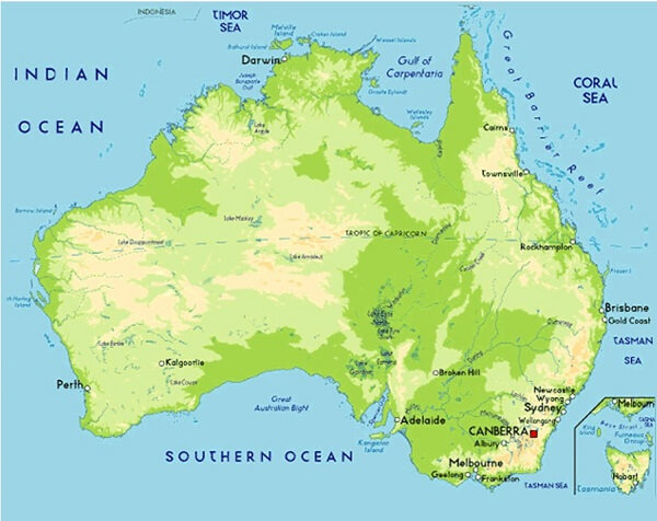 Châu Úc nằm ở phía đông của châu Á, giữa Đại Tây Dương và Ấn Độ Dương