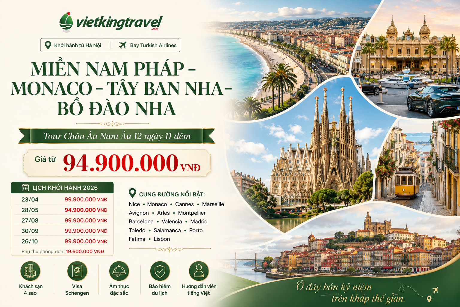 MIỀN NAM PHÁP – MONACO – TÂY BAN NHA – BỒ ĐÀO NHA _12N11Đ_ KHỞI HÀNH TFW: HÀ NỘI