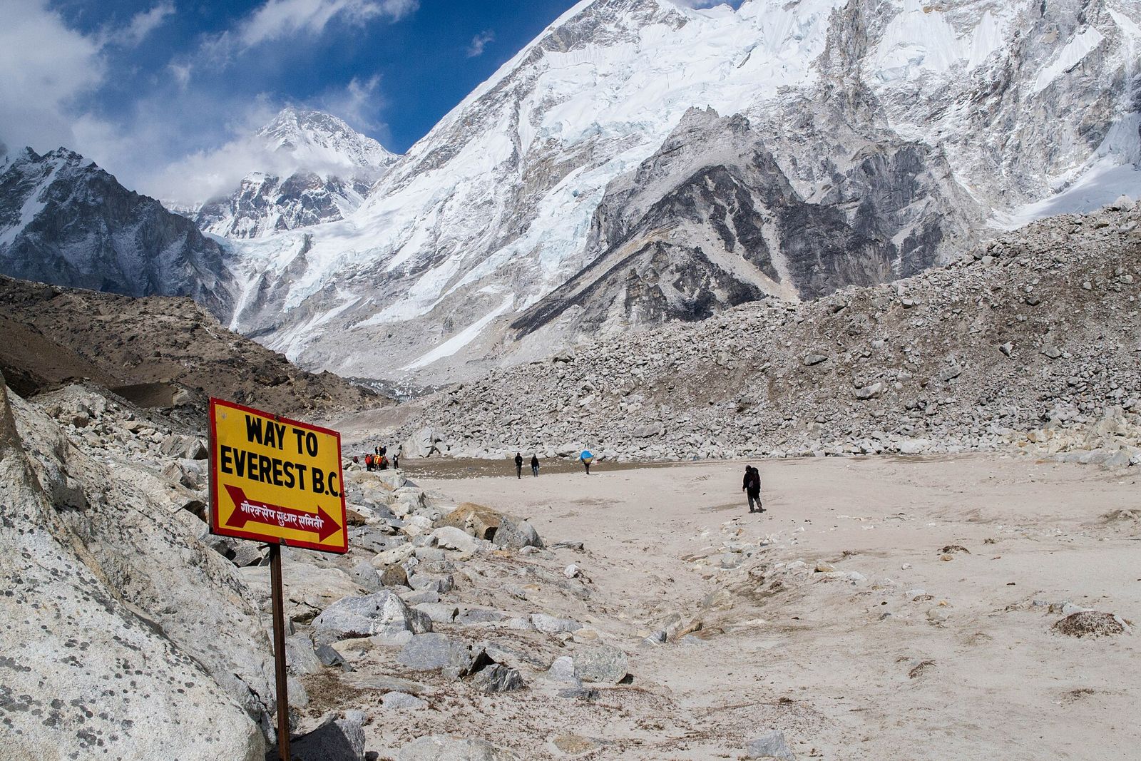 Tấm biển Everest Base Camp, nơi các đoàn trekker thường dừng lại cùng nhau