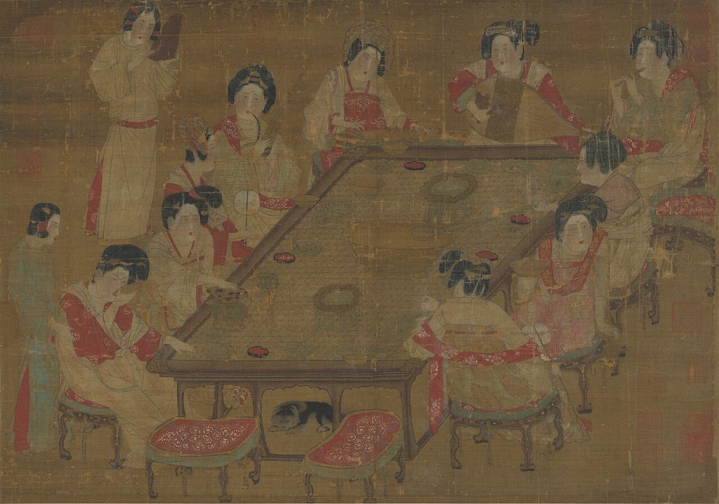 Tranh lụa đời Đường vẽ cung nữ quây quanh bàn dài dự yến nhạc (ảnh minh họa)