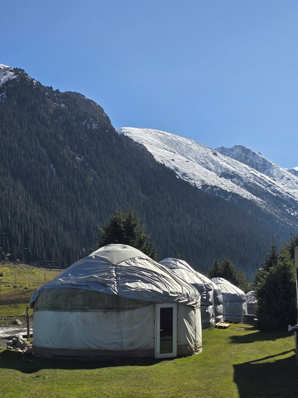 Lều yurt dưới chân núi tuyết ở Altyn Arashan